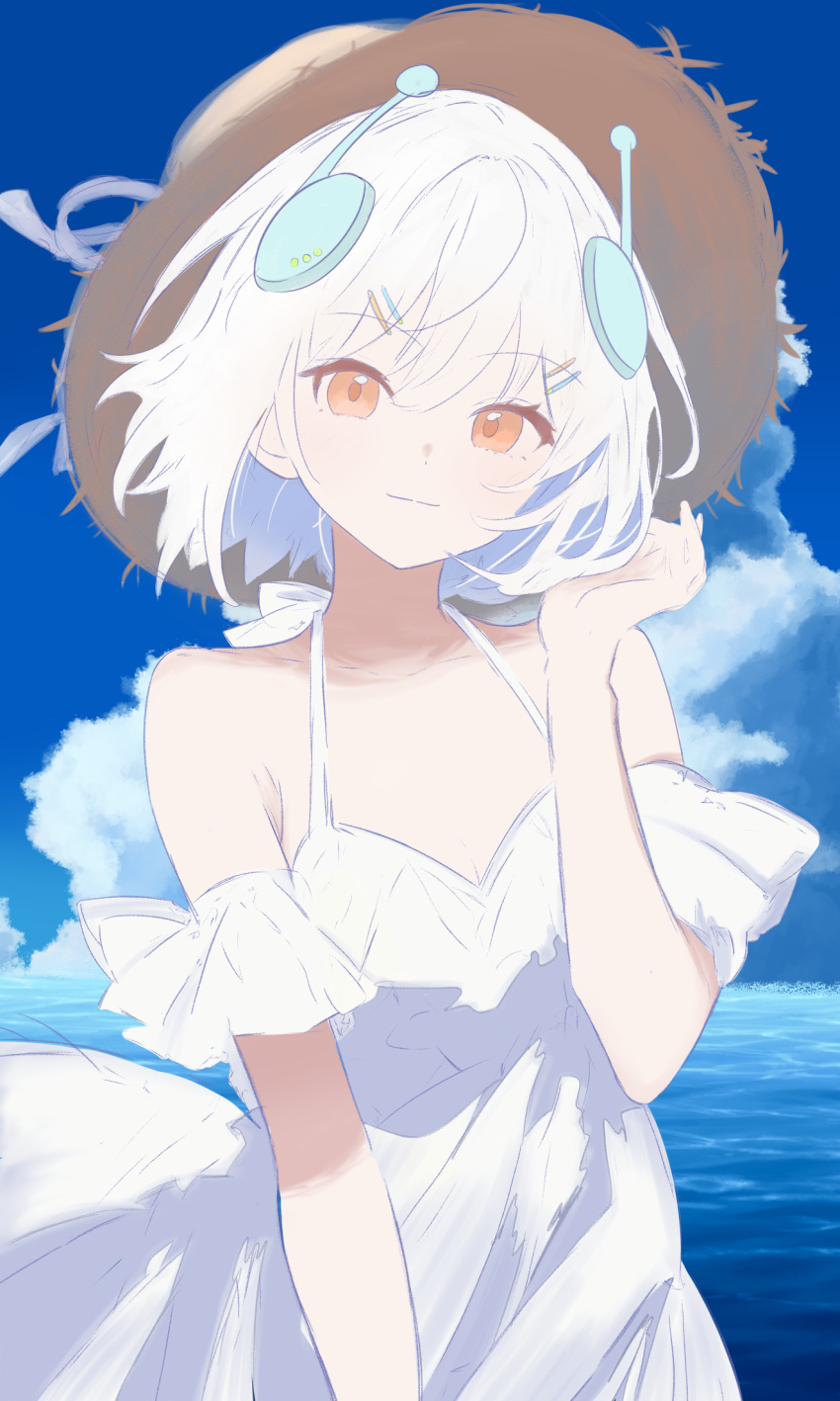 1girl, antennae, blue_sky, clouds, cloudy_sky, dress, ellie_minibot, hat