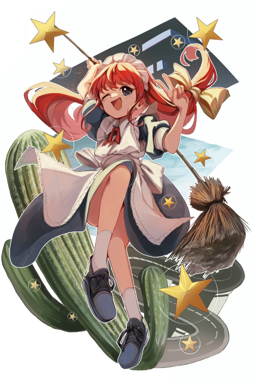 1girl, :d, apron, blue_dress, blue_eyes, blue_shoes, bow, broom