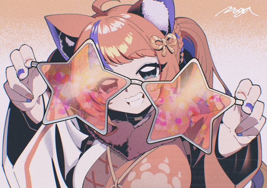 1girl, ahoge, animal_ears, aqua_eyes, arms_up, artist_name, breasts, cat_ears, choker, commentary_request, fur-trimmed_kimono, fur_trim, gradient_background, grey-framed_eyewear, grey_choker, grin, head_tilt, highres, holding, holding_removed_eyewear, japanese_clothes, kimono, knot_hair_ornament, long_hair, looking_at_viewer, medium_breasts, multicolored_hair, multicolored_nails, nail_polish, nekoyashiki_miku, nijisanji, orange-tinted_eyewear, orange_background, orange_hair, orange_kimono, orange_nails, outstretched_arms, paw_print, paw_print_pattern, pogatyb, print_kimono, purple_hair, purple_nails, smile, solo, star-shaped_eyewear, star_(symbol), streaked_hair, tinted_eyewear, twintails, twintails_with_braided_base, two-tone_hair, unworn_eyewear, upper_body, variant_set, virtual_youtuber, watermark, white_background, white_kimono