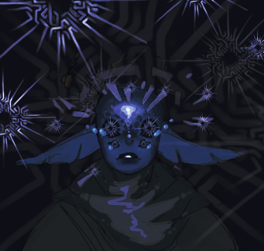 1other, blue_skin, colored_skin, commentary, english_commentary, eye_of_the_universe, facing_viewer, hatchling_(outer_wilds), hearthian, highres, kaiju-kin, outer_wilds, parted_lips, pointy_ears, solo