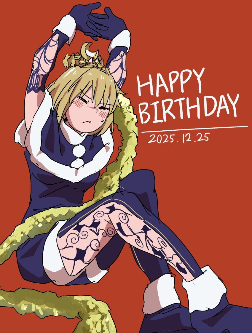 1girl, 2025, absurdres, ahoge, arcueid_brunestud, arms_up, blonde_hair, blue_capelet