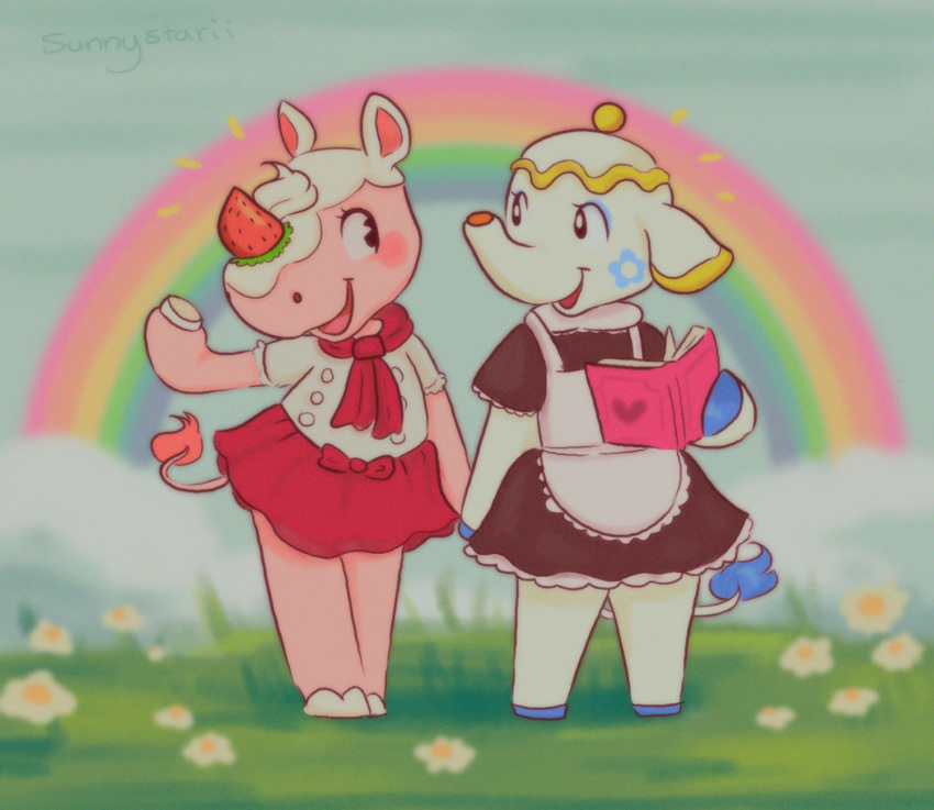 2girls, animal_crossing, apron, blue_sky, book, clouds, elephant, elephant_tail
