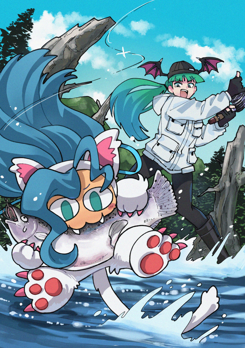 2girls, :d, absurdres, alternate_costume, animal_ears, aqua_eyes, bat_wings, beanie