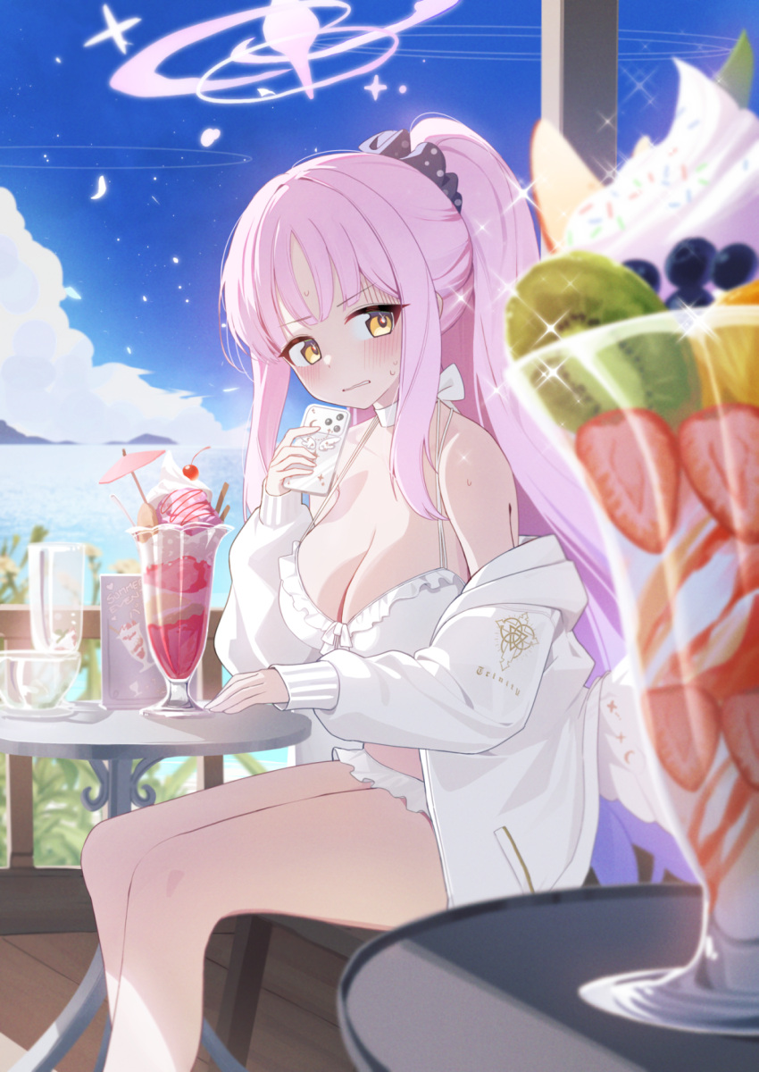 1girl, bikini, blue_archive, breasts, cellphone, choker, commentary_request, cup