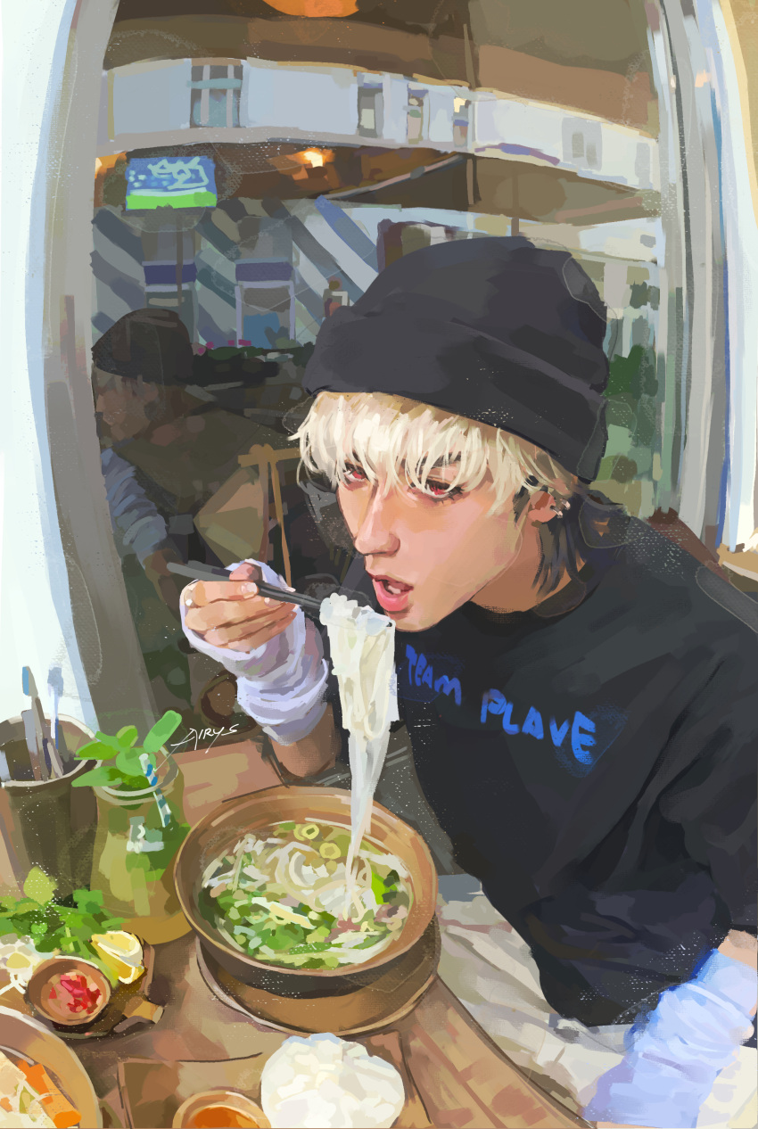1boy, absurdres, airys_ooo, arm_up, arm_warmers, black_shirt, bowl, crew_neck