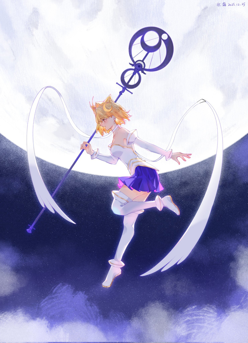 1girl, animal_ear_fluff, animal_ears, arcueid_brunestud, bare_shoulders, blonde_hair, blue_skirt, blush, boots, breasts, cat_ears, cat_girl, choker, commentary, crescent, crescent_hair_ornament, detached_sleeves, dress, floating, floating_hair, full_body, full_moon, hair_ornament, hecate's_staff_(fate), highres, holding, holding_staff, jw2000221, knee_boots, magical_girl, miniskirt, moon, night, phantas-moon, red_eyes, short_hair, sideboob, skirt, staff, standing, standing_on_one_leg, symbol-only_commentary, tsukihime, white_boots, white_dress