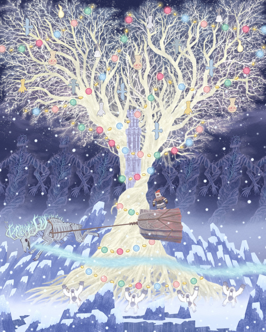 1boy, 6+others, absurdres, bibuo, bird, christmas, christmas_ornaments, christmas_tree, commentary, eagle, elden_ring, elden_ring_nightreign, giant, highres, mountain, multiple_others, raider_(elden_ring), regal_ancestor_spirit_(elden_ring), reindeer, santa_costume, scenery, sleigh, snow, symbol-only_commentary, tower, tree, troll_(elden_ring)
