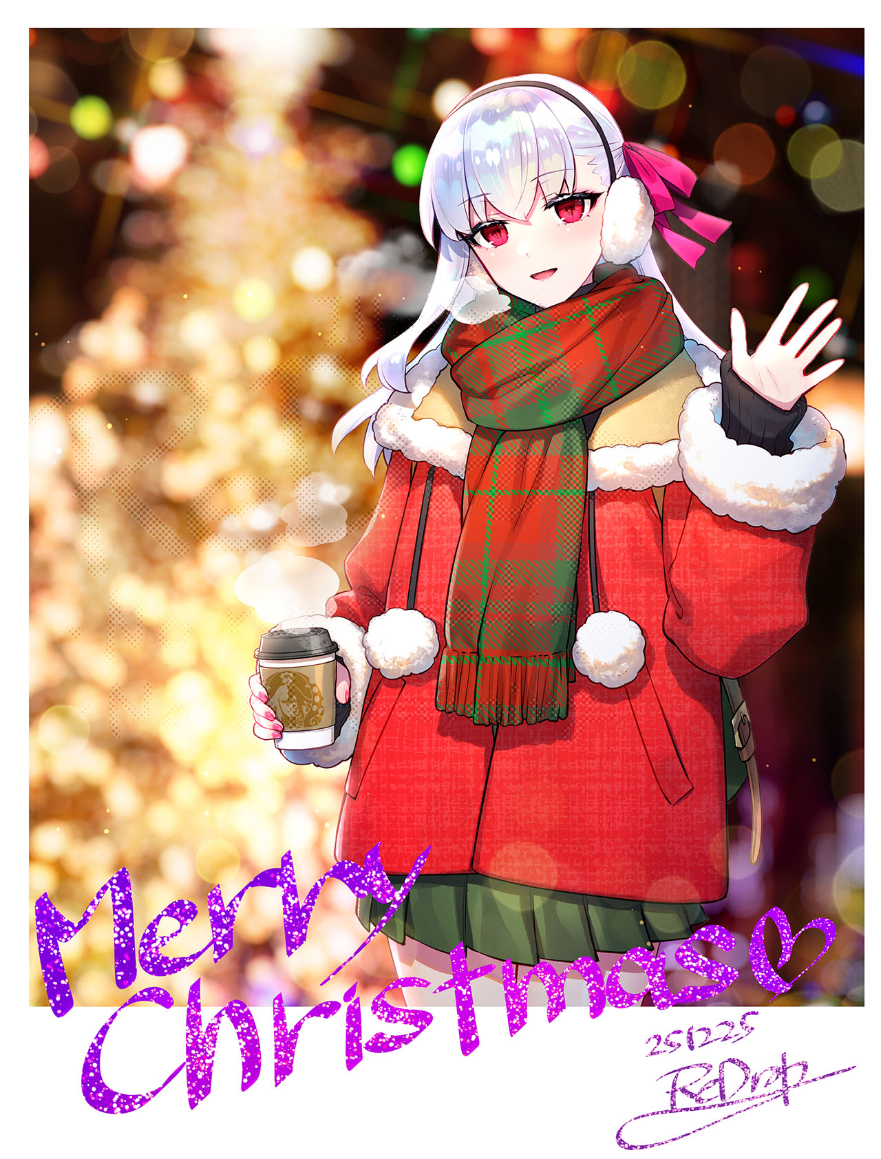 1girl, blush, christmas, christmas_tree, cup, disposable_coffee_cup, disposable_cup, earmuffs, fate/grand_order, fate_(series), green_skirt, hair_ribbon, highres, jacket, kama_(fate), kama_(teenager)_(fate), long_hair, long_sleeves, looking_at_viewer, merry_christmas, open_mouth, red_eyes, red_jacket, red_scarf, redrop, ribbon, scarf, skirt, smile, solo, white_hair