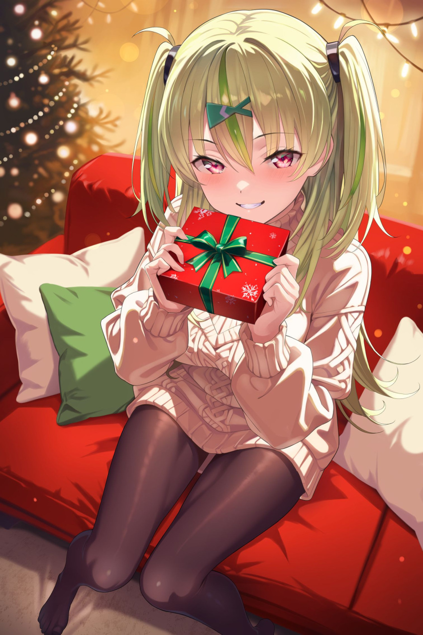 1girl, black_pantyhose, blush, box, breasts, cable_knit, christmas, christmas_lights, christmas_ornaments, christmas_present, christmas_tree, commentary_request, couch, cushion, dress, gift, gift_box, green_hair, grin, hair_between_eyes, hair_ornament, hairclip, heaven_burns_red, highres, holding, holding_box, holding_gift, indoors, knees_together_feet_apart, long_hair, long_sleeves, looking_at_viewer, multicolored_hair, netarou_(shinra), no_shoes, on_couch, ooshima_isuzu, pantyhose, pillow, pink_eyes, red_eyes, sitting, smile, solo, streaked_hair, sweater, twintails, two_side_up, white_sweater, x_hair_ornament