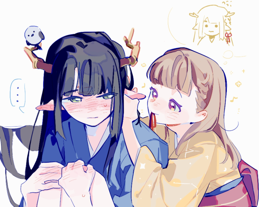 2girls, alternate_hair_length, alternate_hairstyle, bird, bird_on_horn, blue_kimono, blunt_bangs, blush