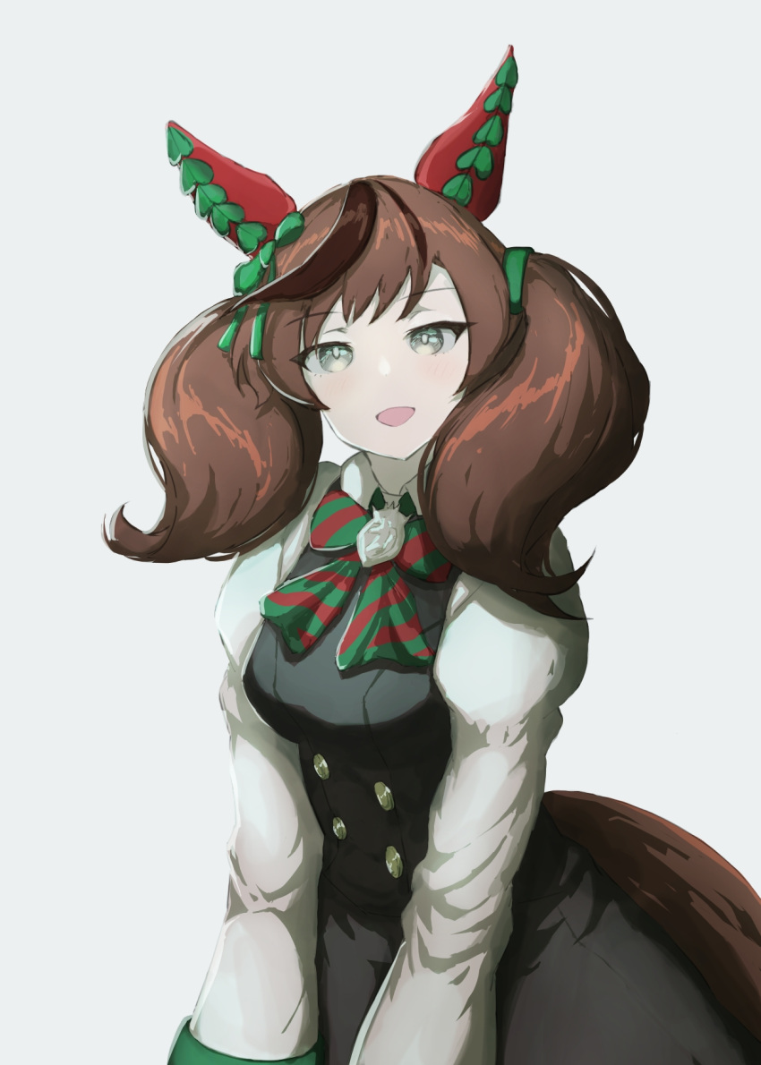 1girl, animal_ears, black_dress, blush, bow, bowtie, breasts, brown_eyes