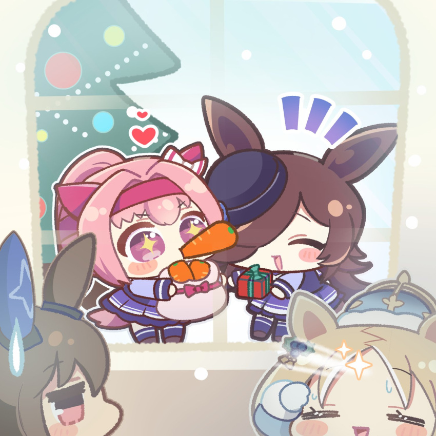+_+, 4girls, admire_vega_(umamusume), animal_ears, blonde_hair, blue_crown, blue_flower, blue_jacket, blue_rose, blush, blush_stickers, bow, bowtie, box, brown_hair, carrot, chibi, chibi_only, closed_eyes, commentary_request, crown, ear_bow, ear_covers, flipped_hair, flower, food, gift, gift_box, gloves, hair_between_eyes, hair_over_one_eye, hairband, haru_urara_(umamusume), hat, hat_flower, headband, heart, highres, holding, holding_food, holding_gift, horse_ears, horse_girl, horse_tail, jacket, long_hair, mini_crown, mokemongetdaze, mouth_hold, multicolored_hair, multiple_girls, narita_top_road_(celestial_road)_(umamusume), narita_top_road_(umamusume), official_alternate_costume, open_mouth, pink_eyes, pink_hair, pink_headband, ponytail, purple_sailor_collar, purple_serafuku, purple_shirt, purple_skirt, purple_thighhighs, rice_shower_(umamusume), rose, sailor_collar, sailor_shirt, school_uniform, serafuku, shirt, single_ear_cover, skirt, smile, sparkle, star-shaped_pupils, star_(symbol), streaked_hair, sweatdrop, symbol-shaped_pupils, symbol_in_eye, tail, thigh-highs, tilted_headwear, tracen_school_uniform, umamusume, violet_eyes, white_bow, white_bowtie, white_gloves, white_hair