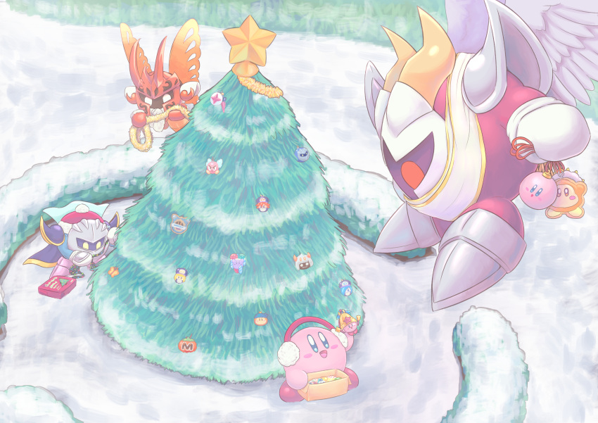 absurdres, armor, bell_kirby, blush_stickers, bronto_burt, butterfly_wings, christmas, christmas_ornaments