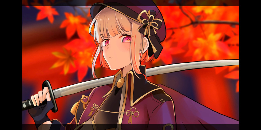 1girl, ascot, autumn_leaves, black_ascot, blurry, blurry_background, closed_mouth, collared_shirt
