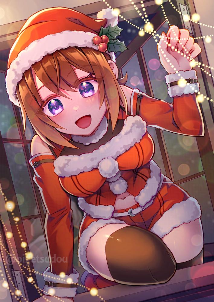 1girl, ao_no_kiseki, bare_shoulders, black_thighhighs, bob_cut, breasts, brown_hair, christmas, christmas_lights, climbing, commission, detached_sleeves, double-parted_bangs, dress, eiyuu_densetsu, frilled_sleeves, frills, hair_between_eyes, hat, hat_ornament, holly_hat_ornament, large_breasts, lens_flare, looking_at_viewer, mixed-language_commentary, noel_seeker, oigetsudou_(byakuya_yuu), open_mouth, santa_costume, santa_dress, santa_hat, second-party_source, smile, solo, thigh-highs, twitter_username, violet_eyes, watermark, window, windowsill, zero_no_kiseki