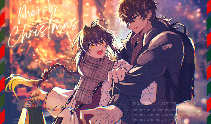 1boy, 1other, ahoge, backpack, bag, black_jacket, blue_eyes, braid