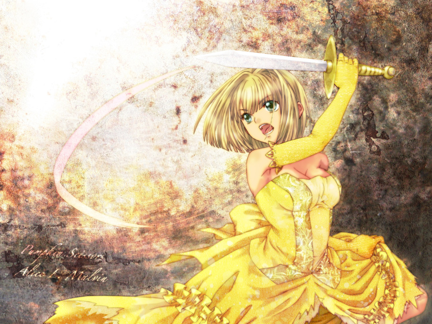 alice_l_malvin, blonde_hair, dress, gloves, green_eyes, pumpkin_scissors, short_hair, sword