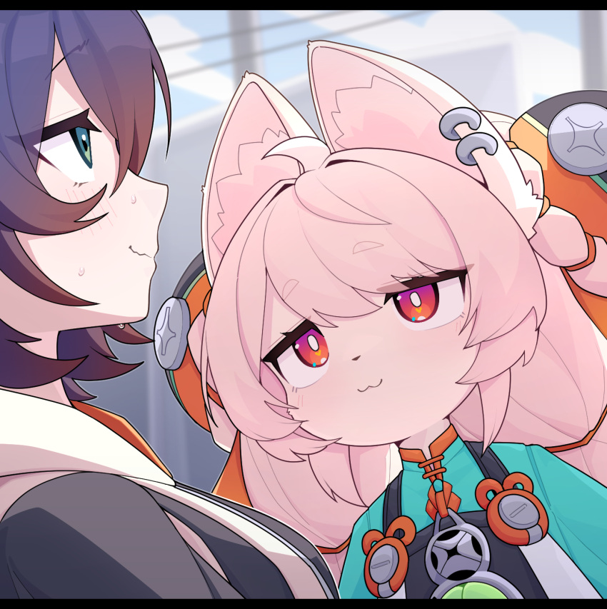 2girls, animal_ear_fluff, animal_ears, belle_(zenless_zone_zero), blue_hair, but_you_can't_prove_it_(meme), commentary, dated_commentary