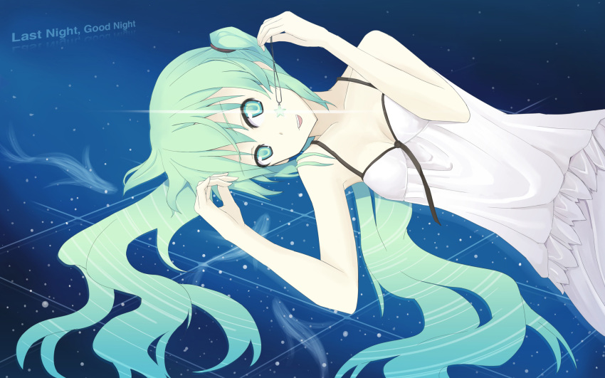 1girl, aqua_eyes, aqua_hair, dress, hatsune_miku, highres, jewelry, last_night_good_night_(vocaloid)