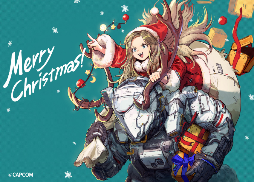 1boy, 1girl, :3, :d, antlers, aqua_background, aqua_eyes, blonde_hair