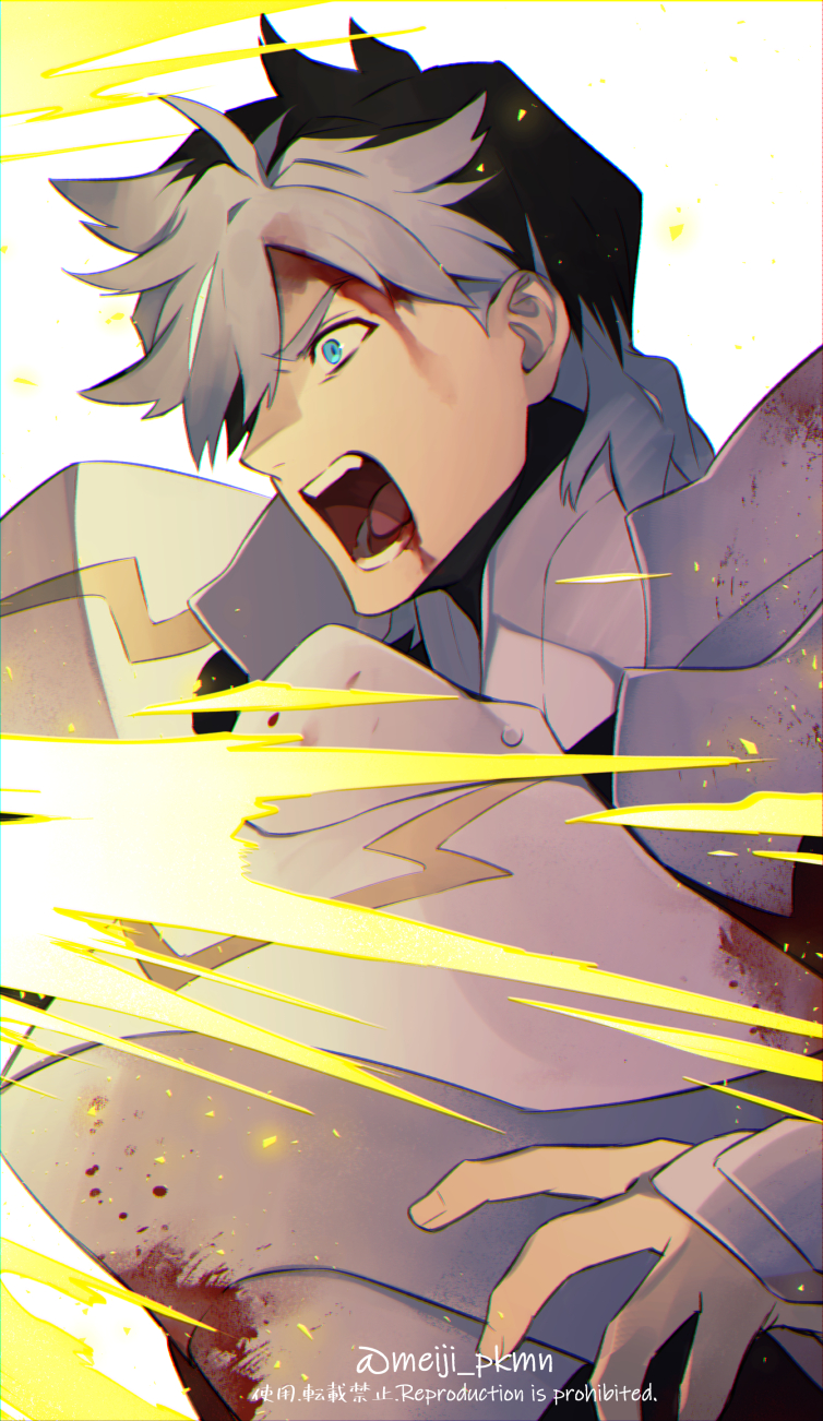 armor, black_hair, blood, blood_from_mouth, blood_on_clothes, blood_on_face, blue_eyes, commentary_request