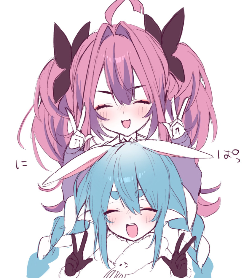 2girls, ahoge, animal_ears, black_bow, black_gloves, blue_hair, blush, bow