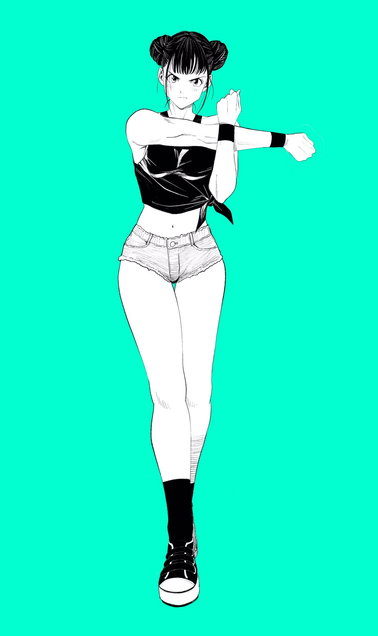 1girl, aqua_eyes, commentary_request, cross-body_stretch, double_bun, full_body, greyscale_with_colored_background, hair_bun