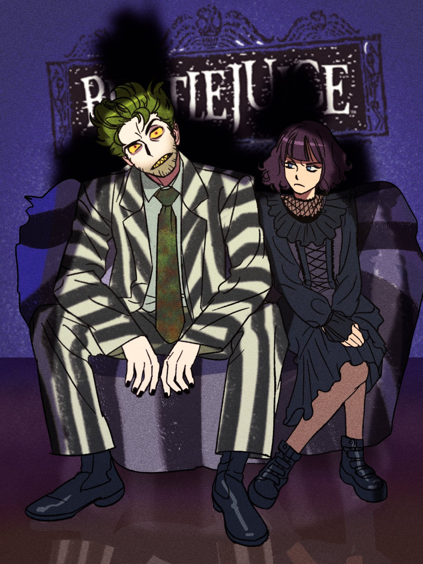 1boy, 1girl, animification, baoul101552, beetlejuice, betelgeuse_(beetlejuice), black_boots, black_dress