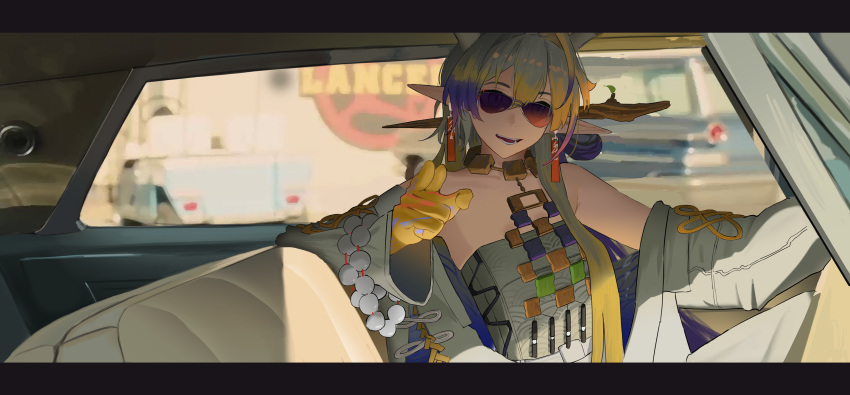 1girl, arknights, bare_shoulders, blonde_hair, blue_hair, car_interior, commentary, day