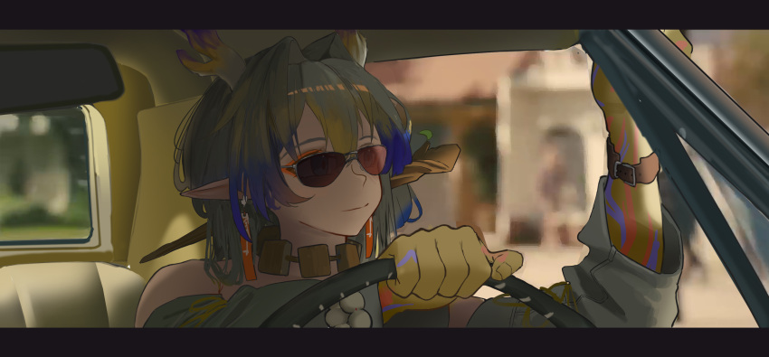 1girl, arknights, bare_shoulders, blonde_hair, blue_hair, car_interior, commentary, day