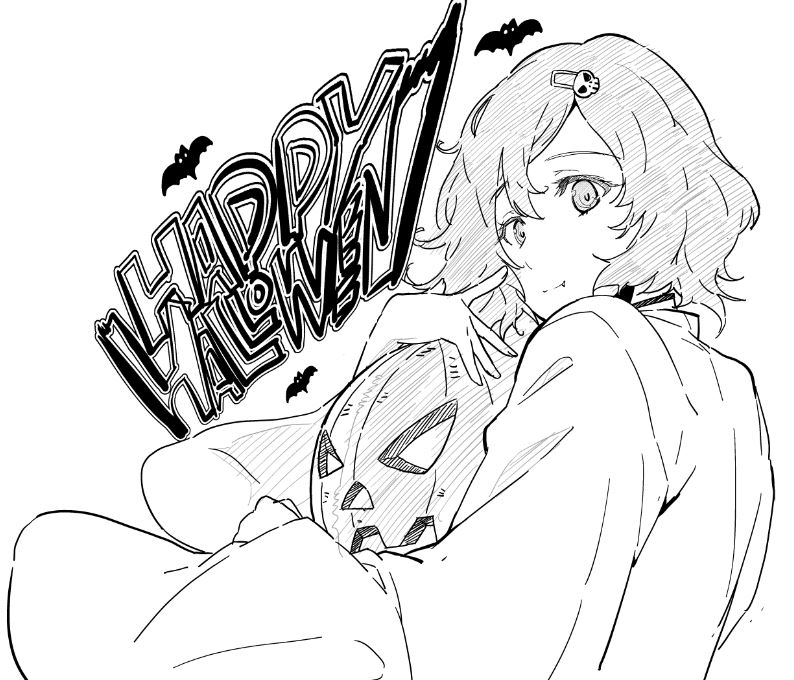 1boy, bibi_(coffe), fang, from_behind, from_side, greyscale, hair_ornament, halloween, hugging_object, japanese_clothes, looking_at_viewer, miko, monochrome, science_adventure, short_hair, skull_hair_ornament, smile, solo, steins;gate, trap, urushibara_luka, vampire