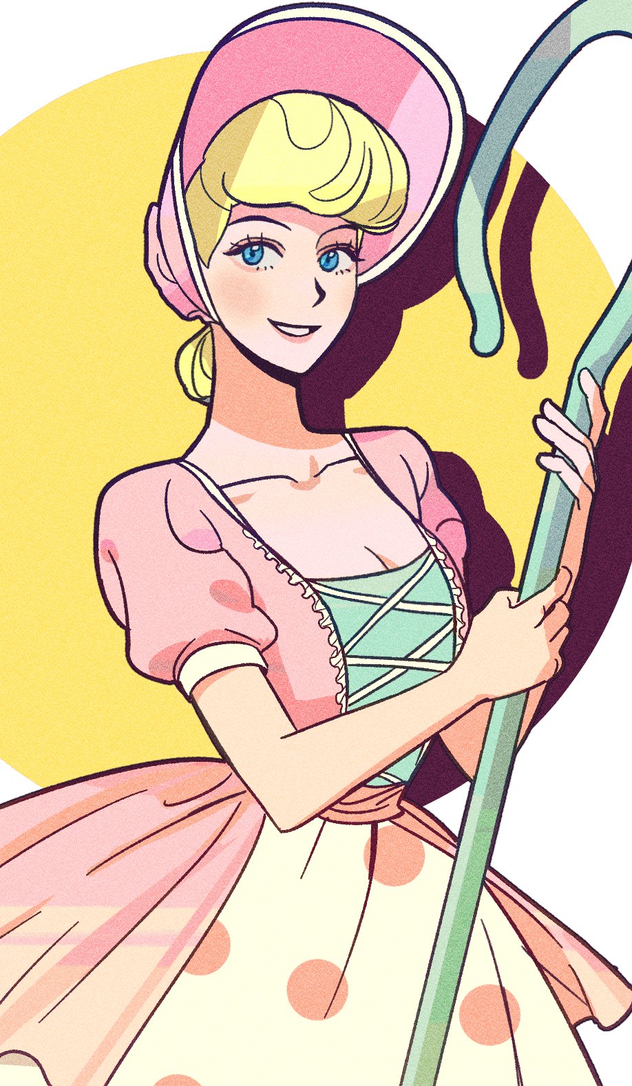 1girl, baoul101552, blonde_hair, blue_eyes, bo_peep_(toy_story), bonnet, collarbone, commentary