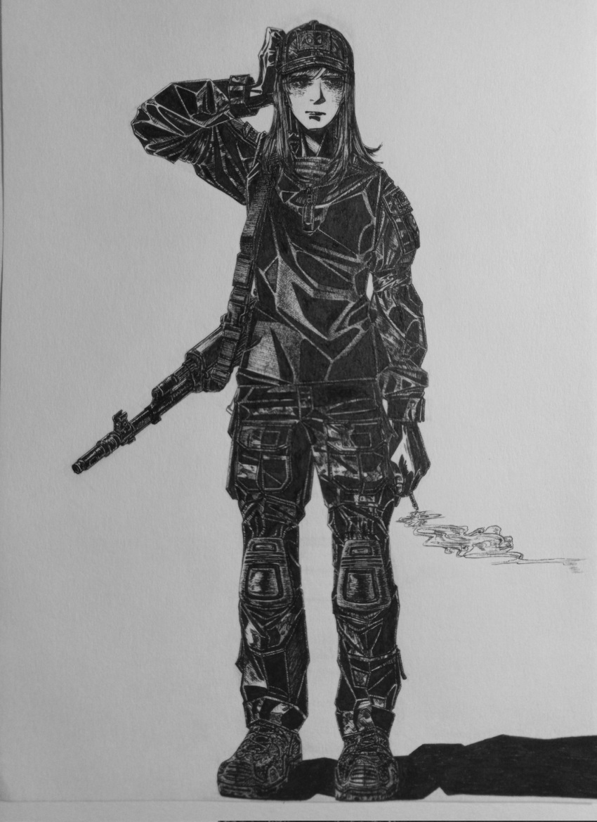 1girl, ak-74, assault_rifle, beret, boots, bordfunker133, camouflage, camouflage_jacket