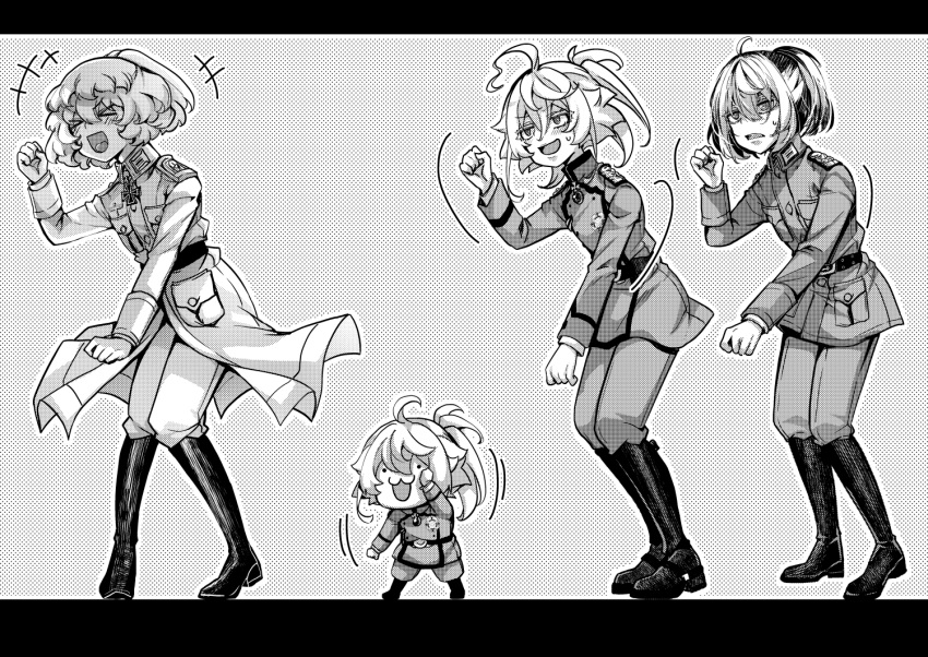 4girls, ahoge, boots, chibi, collar_tabs, commentary_request, cross, dancing, deformed, frown, greyscale, hal_(goshujinomocha), high_collar, iron_cross, jacket, military_uniform, monochrome, multiple_girls, nervous_sweating, open_mouth, pants, short_hair, shoulder_boards, smile, sweat, tanya_degurechaff, tanya_degurechaff_(anime), tanya_degurechaff_(light_novel), tanya_degurechaff_(manga), youjo_senki
