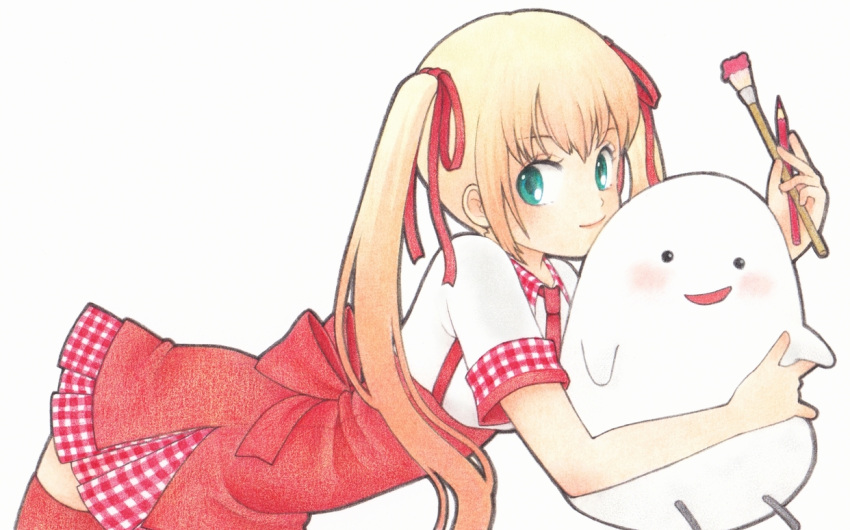 1girl, blonde_hair, blush, chiori_n, colored_pencil_(medium), commentary_request, dress, ghost