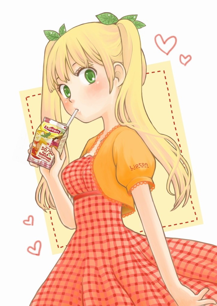 1girl, blonde_hair, blush, chiori_n, commentary_request, dress, drinking, green_eyes