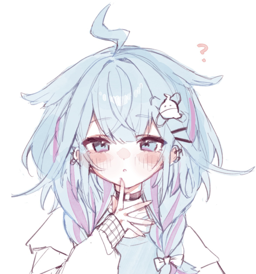 ahoge, black_choker, blue_eyes, blue_hair, blue_shirt, braid, choker, closed_mouth