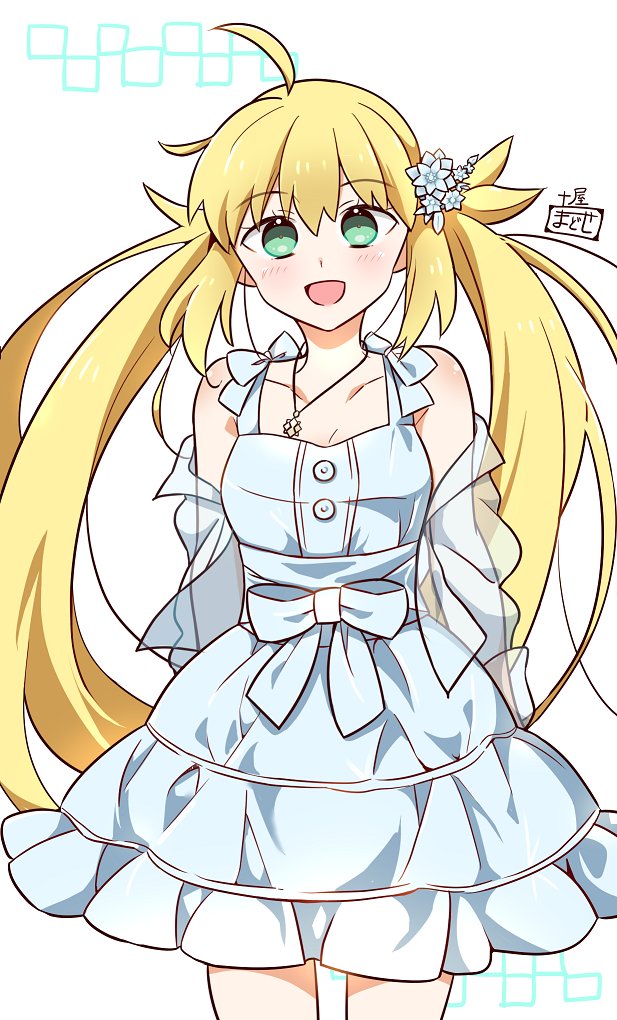 1girl, ahoge, artoria_caster_(fate), artoria_pendragon_(fate), bare_shoulders, blonde_hair, breasts, dress