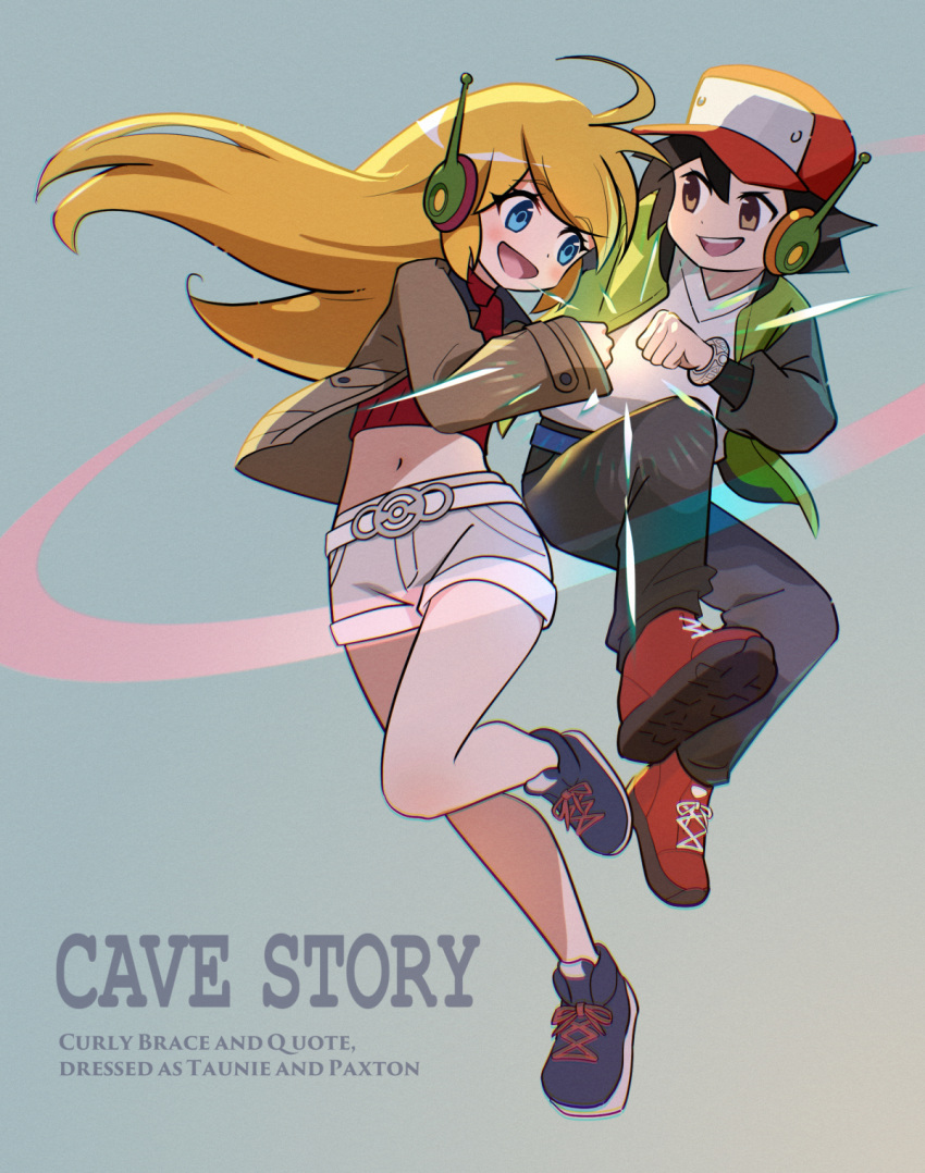 1boy, 1girl, ahoge, android, baseball_cap, black_hair, black_sleeves, blackminolith_(2ne)