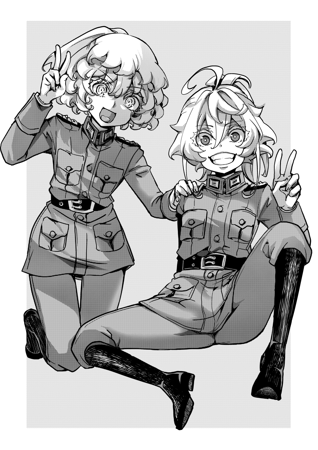 2girls, boots, breasts, commentary_request, dual_persona, fluffy_hair, greyscale, grin, hal_(goshujinomocha), hand_on_another's_shoulder, highres, jacket, medium_hair, messy_hair, military_jacket, military_uniform, monochrome, multiple_girls, open_mouth, pants, ringed_eyes, short_hair, shoulder_boards, small_breasts, smile, spread_legs, tanya_degurechaff, tanya_degurechaff_(anime), tanya_degurechaff_(manga), tongue, v, youjo_senki