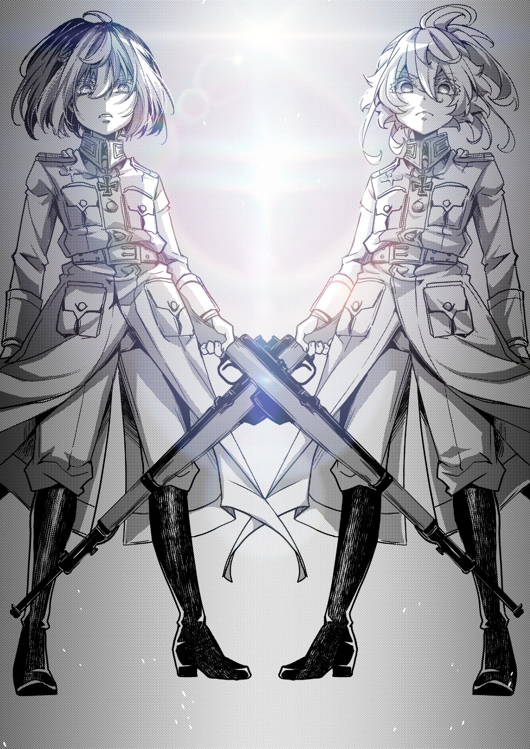 2girls, black_boots, boots, breast_pocket, clenched_teeth, coat, collar_tabs, commentary_request