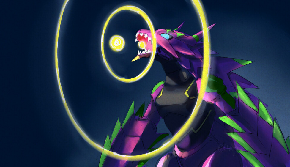 armalizamon, armor, blue_eyes, cowboy_shot, dark_background, digimon, digimon_(creature), digimon_beatbreak