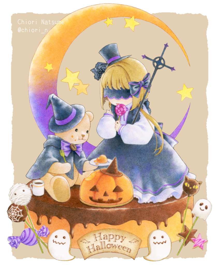 1girl, blindfold, candy, chiori_n, colored_pencil_(medium), commentary, cookie, crescent_moon