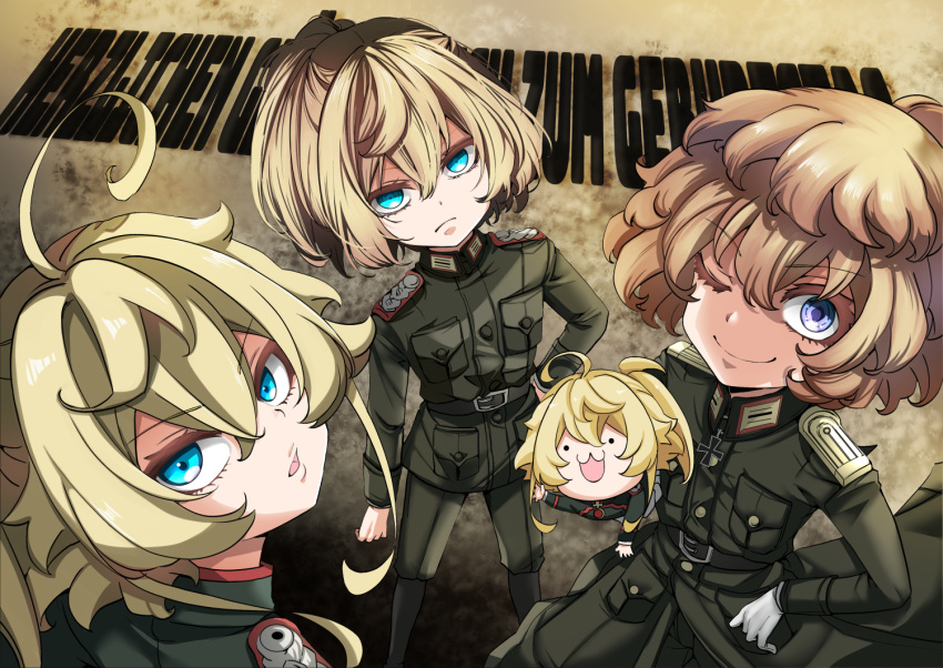 3girls, belt, belt_buckle, blonde_hair, blue_eyes, buckle, chibi, collar_tabs, commentary_request, cross, curly_hair, fluffy_hair, frown, gloves, hal_(goshujinomocha), hand_on_own_hip, holding_chibi, iron_cross, messy_hair, military_uniform, multiple_girls, narrowed_eyes, one_eye_closed, open_mouth, ponytail, ringed_eyes, short_hair, shoulder_boards, smile, straight_hair, tanya_degurechaff, tanya_degurechaff_(anime), tanya_degurechaff_(light_novel), tanya_degurechaff_(manga), tongue, violet_eyes, waving, white_gloves, youjo_senki