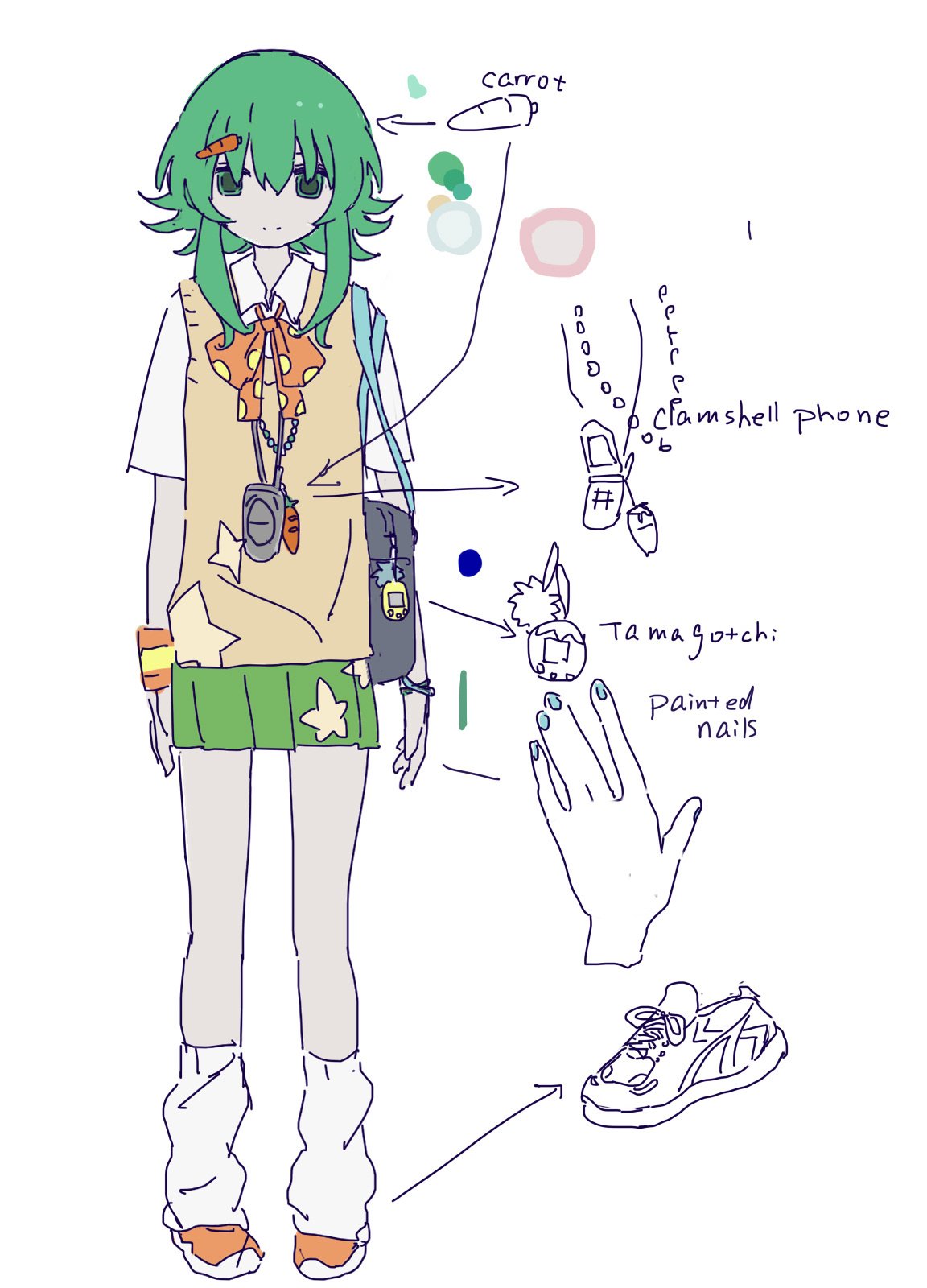 1girl, bead_necklace, beads, bow, bowtie, bracelet, carrot_hair_ornament, cellphone, collared_shirt, commentary, concept_art, english_commentary, flip_phone, food-themed_hair_ornament, full_body, green_eyes, green_hair, green_skirt, gumi, hair_between_eyes, hair_ornament, heisei_retro, highres, i_can't_wait_(synthesizer_v), jewelry, loose_socks, mizhou_(mzhu112646), nail_polish, necklace, official_art, orange_bow, orange_bowtie, orange_shoes, phone, pleated_skirt, polka_dot, polka_dot_bow, shirt, shoes, short_hair_with_long_locks, short_sleeves, skirt, smile, sneakers, socks, solo, star_(symbol), star_print, tamagotchi, tamagotchi_(classic), vest, vocaloid, white_shirt, white_socks, wristband, yellow_vest