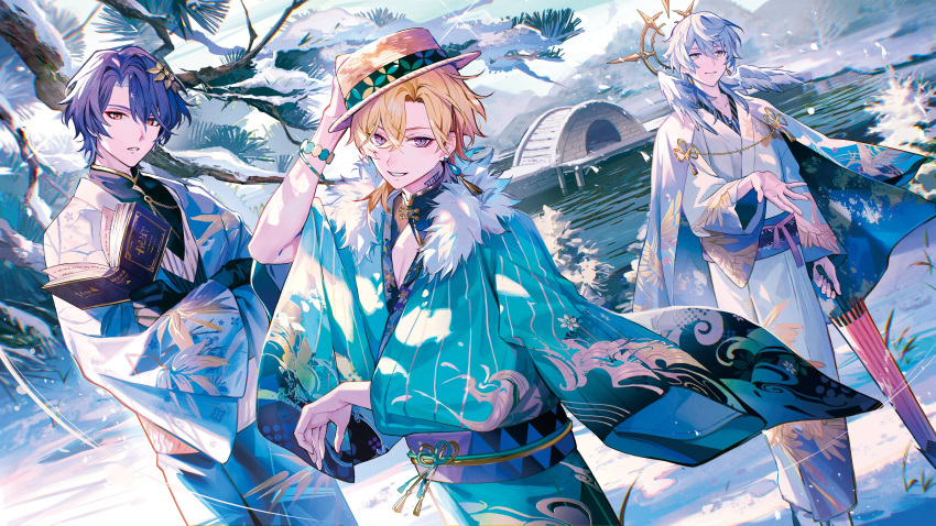 3boys, absurdres, aqua_kimono, aventurine_(honkai:_star_rail), black_gloves, blonde_hair, book, closed_mouth