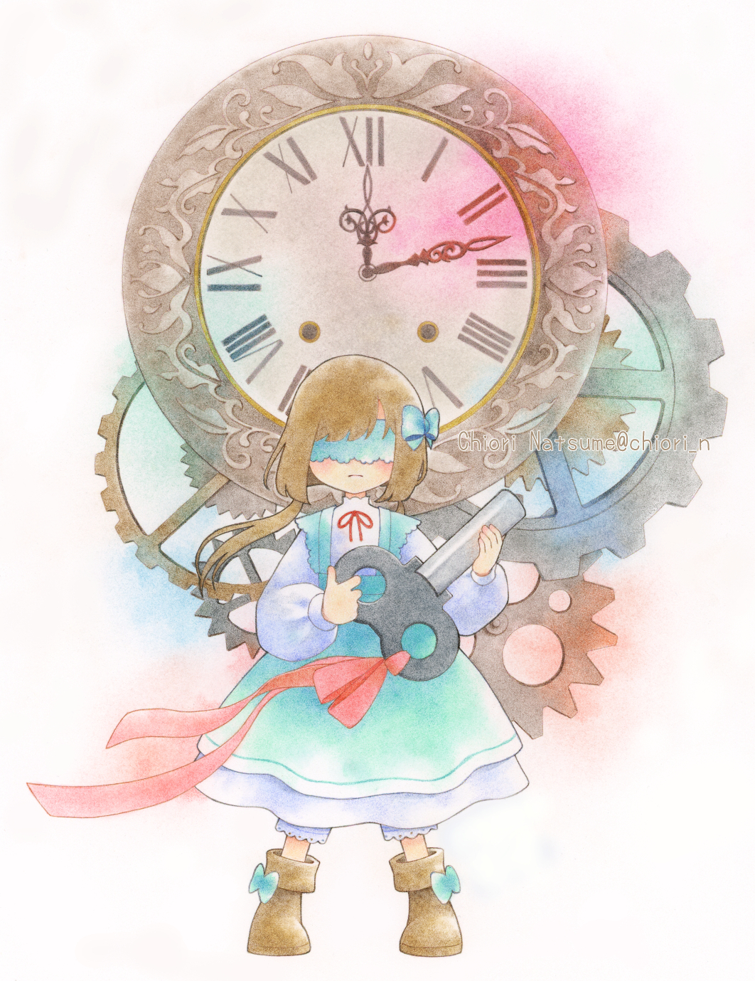 1girl, analog_clock, blindfold, blush, boots, brown_hair, chiori_n, clock