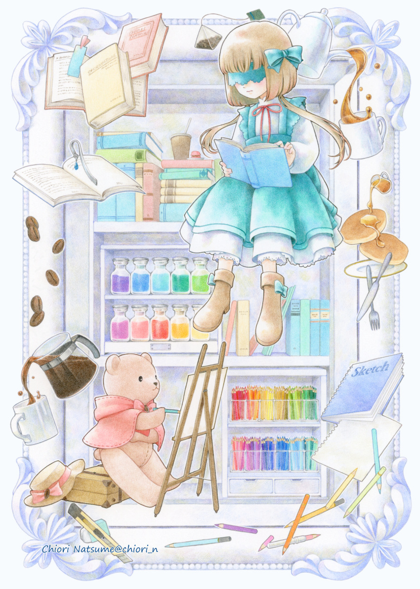 1girl, absurdres, blindfold, blush, book, brown_hair, canvas_(object), chiori_n, coffee, coffee_beans, colored_pencil, colored_pencil_(medium), commentary_request, doll, dress, expressionless, fantasy, food, highres, holding, holding_book, long_hair, original, painting_(action), pancake, pencil, sitting, stuffed_animal, stuffed_toy, teddy_bear, traditional_media, twintails