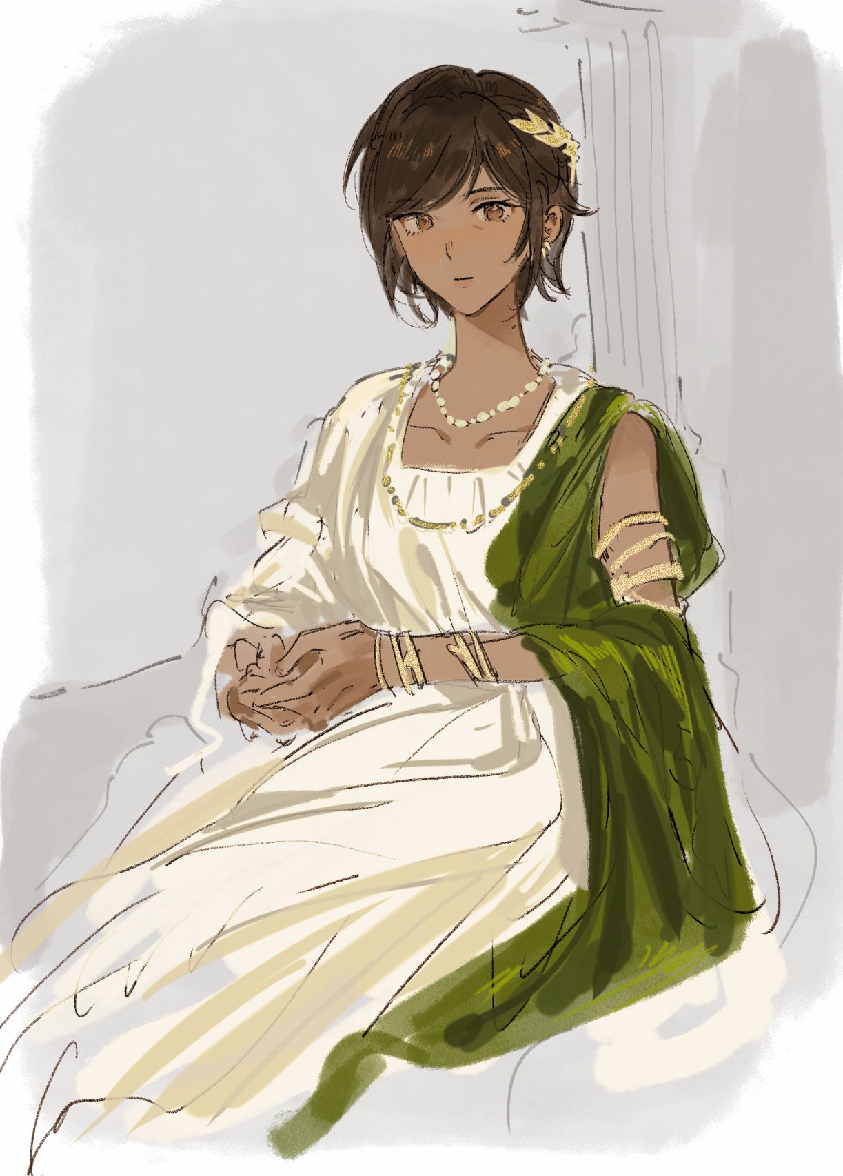 1girl, alternate_costume, ancient_greek_clothes, armlet, bracelet, brown_eyes, brown_hair, closed_mouth