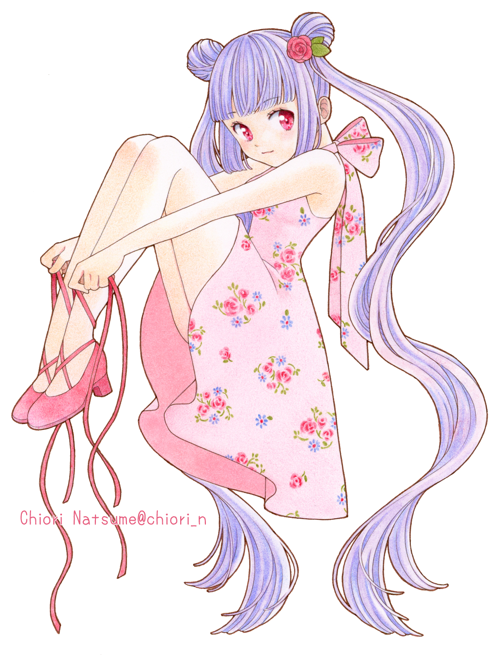 1girl, breasts, chiori_n, colored_pencil_(medium), commentary_request, double_bun, dress, floral_print